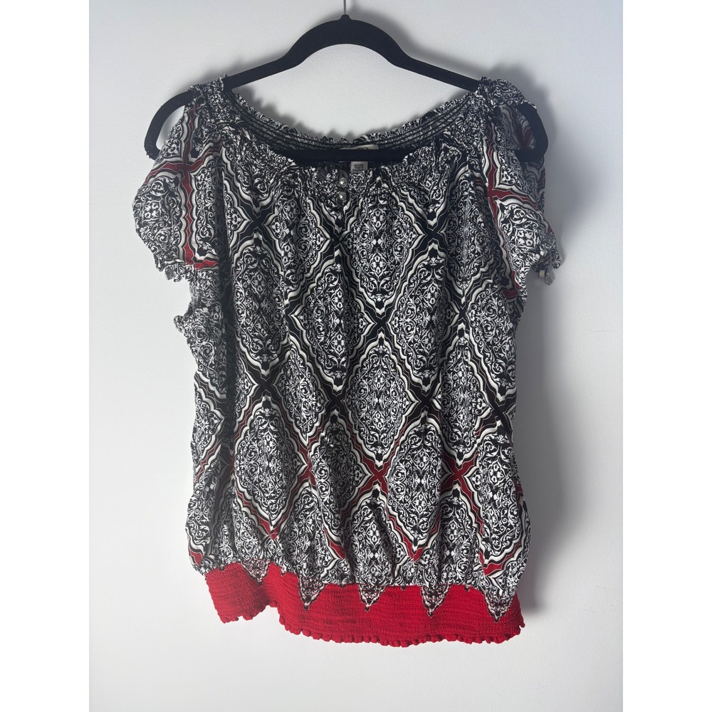 Cato Woman Plus Size 22/24W Black White Red Damask Medallion Smocked Blouse